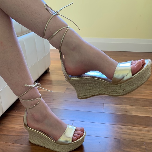 Elle Shiny gold leather sandals tie-up espadrille wedges with high platform US10 - Picture 10 of 12
